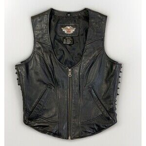 Harley Davidson Leather Vest Womens Med Embroidered Logo Zip Up